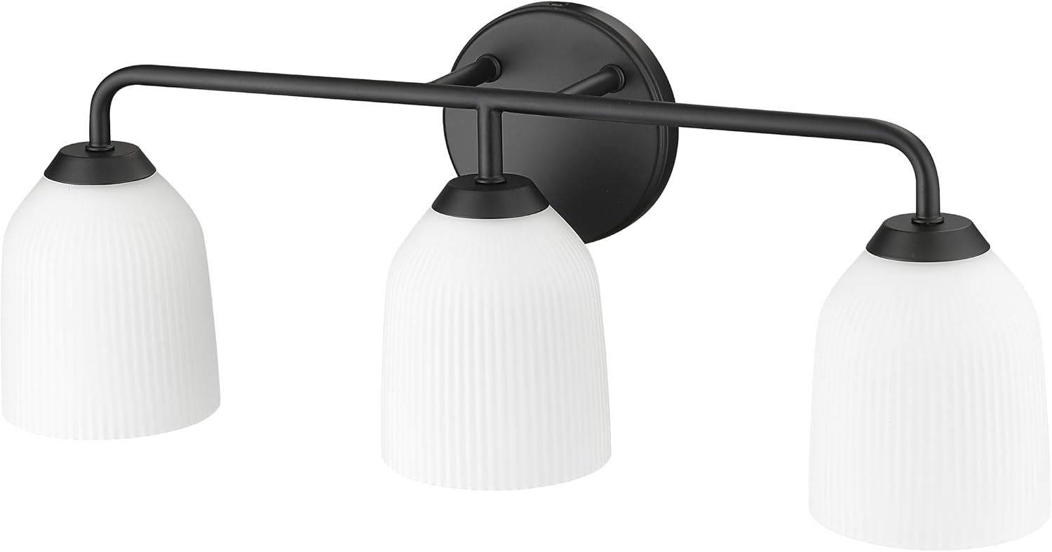 ML Lighting | Norah Collection | 22303-MB | 3 Light Vanity in Matte Black Finish with Opal Ribbed Glass Shade | Versatile Design That adds High-End Texture and Elegance to Your Bathroom