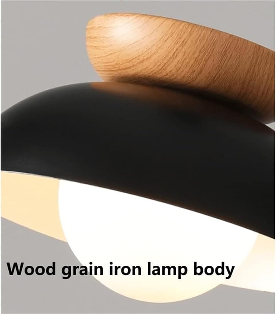 Nordic Semi-Recessed Ceiling Light Wrought Iron and Wood E14 Single-Head Pendant Fixture for Bedroom Aisle Corridor and Entrance(Black)