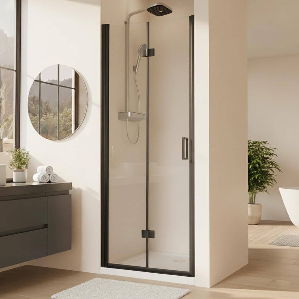 30' Pivot Shower Door Semi-Frameless Swing & Hinged Bi-Folding Tempered Glass Shower Cubicle for Bathroom,Black