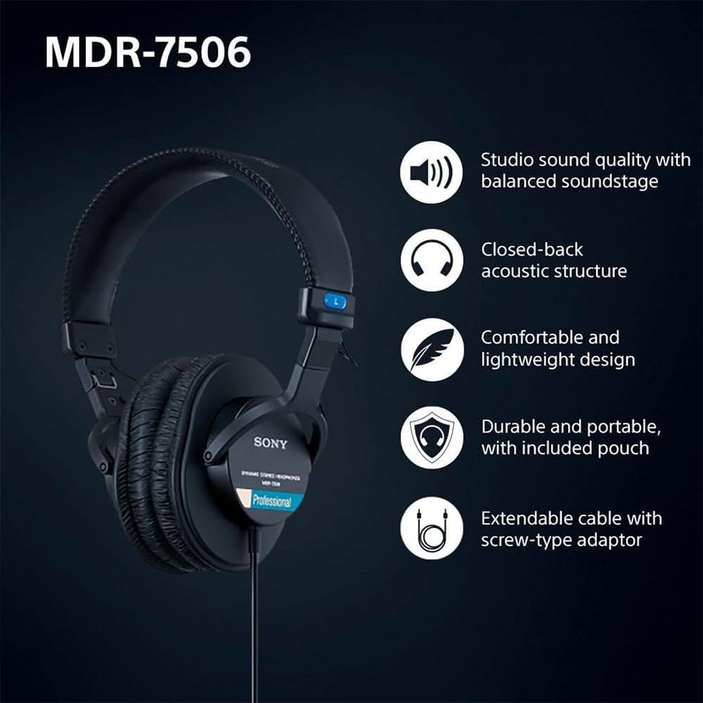 Sony MDR7506 Professional Large Diaphragm Headphones Bundle with Headphone Case Black