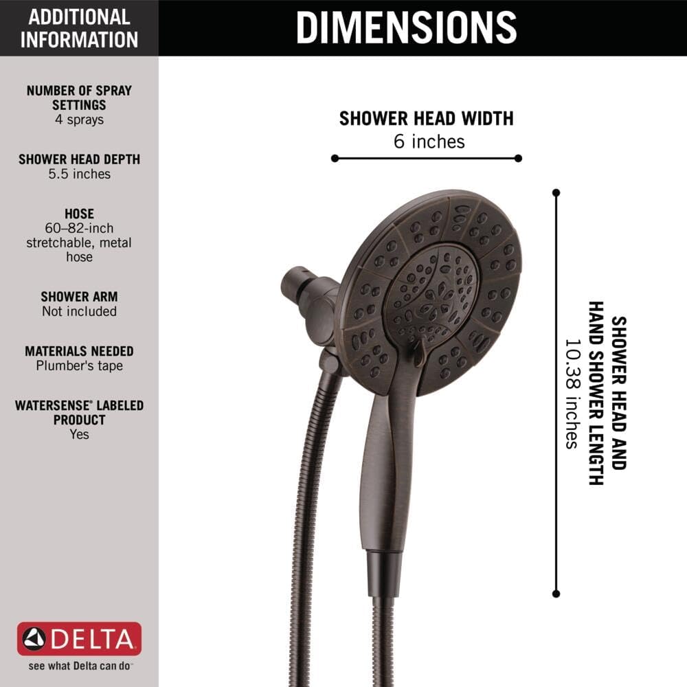 Delta 4-Setting In2ition 2-in-1 Dual Shower Head with HandHeld Spray, Venetian Bronze Detachable Shower Head with Hose, Showerhead, 1.75 GPM Flow Rate, Venetian Bronze 58499-RB