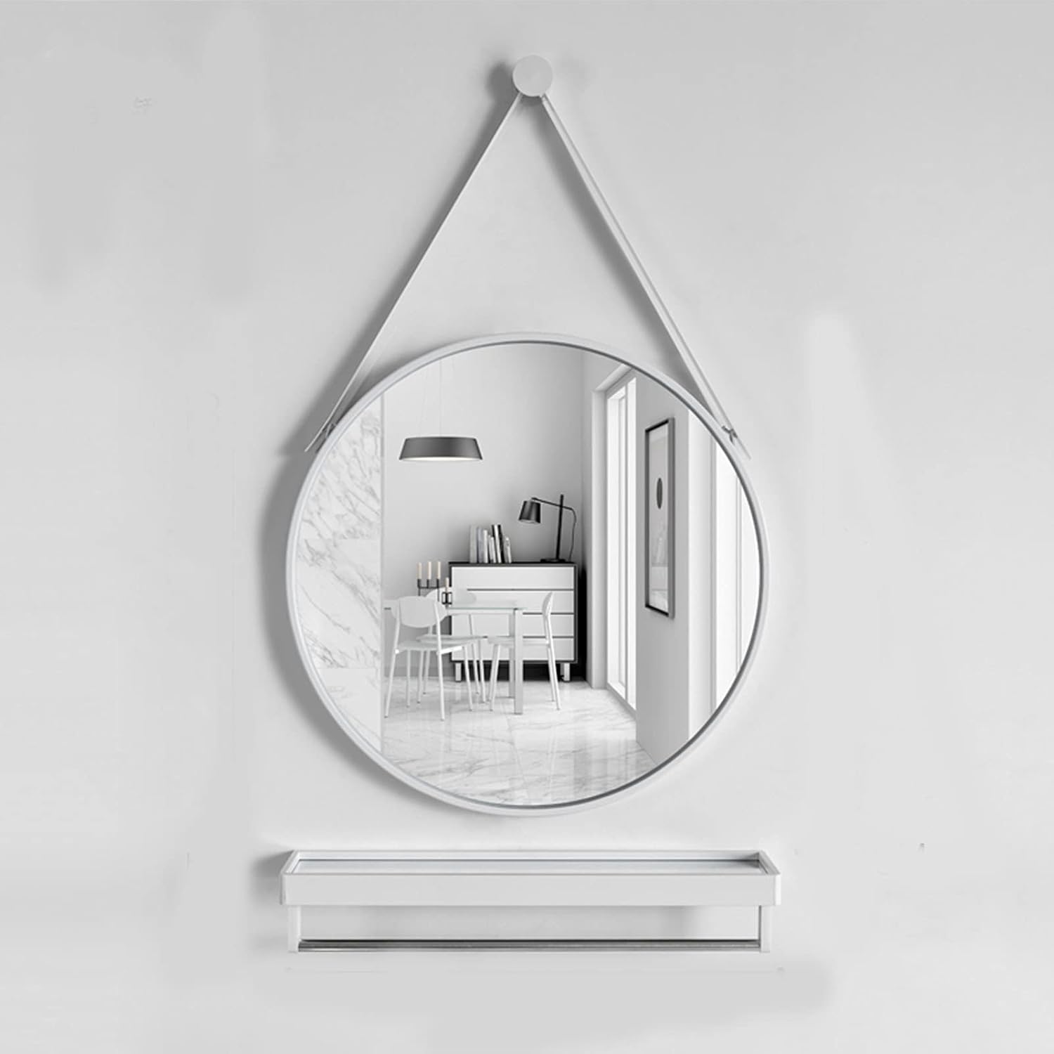 Bathroom Mirror, Round Wall Mirror, Modern Decoration Round Black/White Wrought Iron Frame with Partition, Suitable for Bathroom, Bedroom
