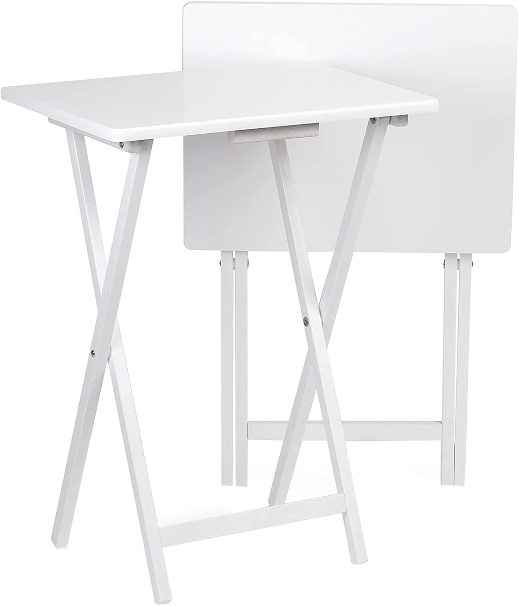 PJ Wood Conventional Solid and Sturdy Wood Construction Portable Folding TV Snack Tray Table Desk Serving Stand, White (6-Piece Set)
