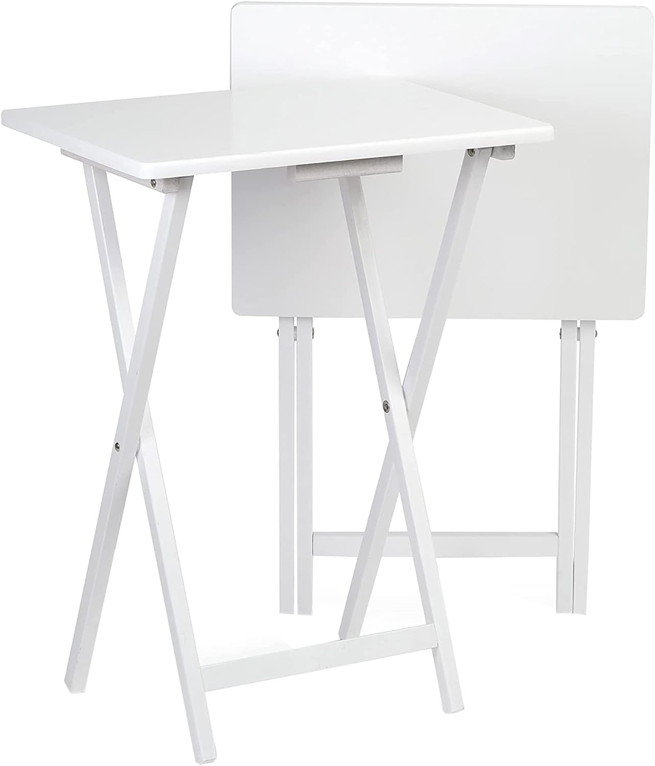 PJ Wood Conventional Solid and Sturdy Wood Construction Portable Folding TV Snack Tray Table Desk Serving Stand, White (6-Piece Set)