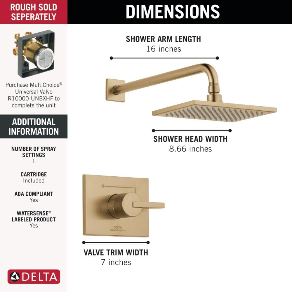 Delta Vero 14 Series Rain Shower Faucet Set, Brushed Gold Shower Head and Handle Set, Valve Trim Kit, Champagne Bronze T14253-CZ-WE (Valve Not Included)