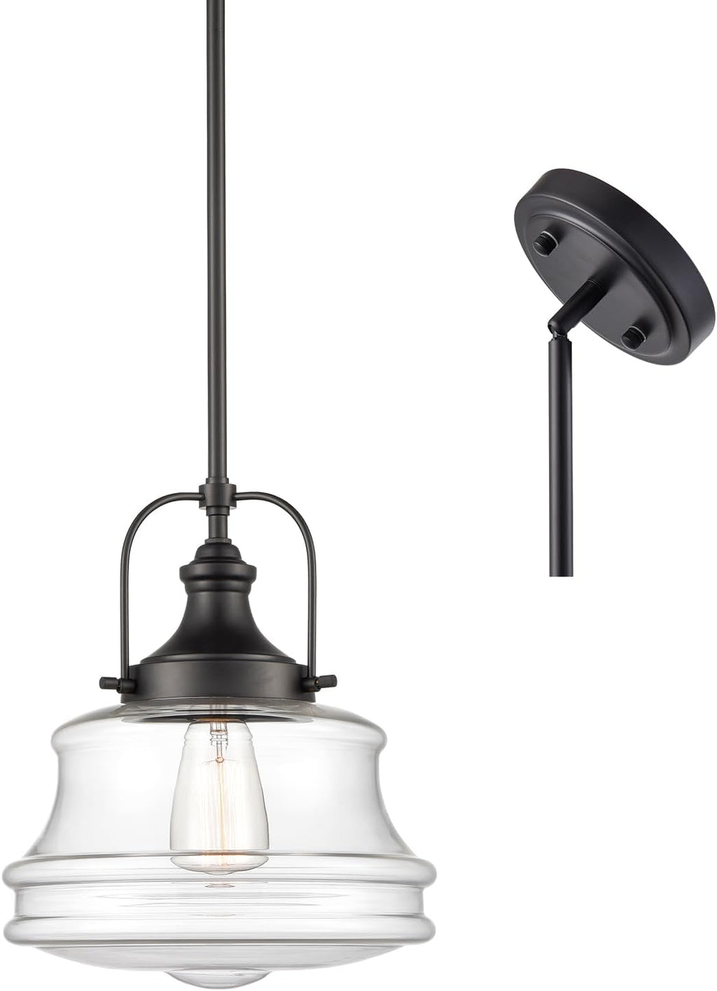 DEYNITE Industrial Farmhouse Pendant Light Clear Glass Schoolhouse Hanging Light Fixture Black, E26 Dimmable Light for Kitchen Bar Dining Bathroom Bedroom