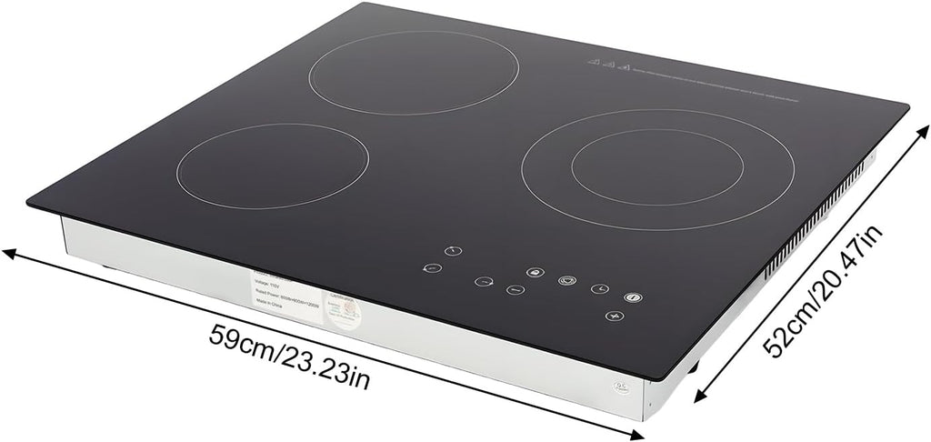 Electric Cooktop 3 Burners, 110v Electric Stove, 23.2inch Portable Built-In Countertop Ceramic Stove Top with LCD Touch & Knob Control, 9 Power Levels, 2600W