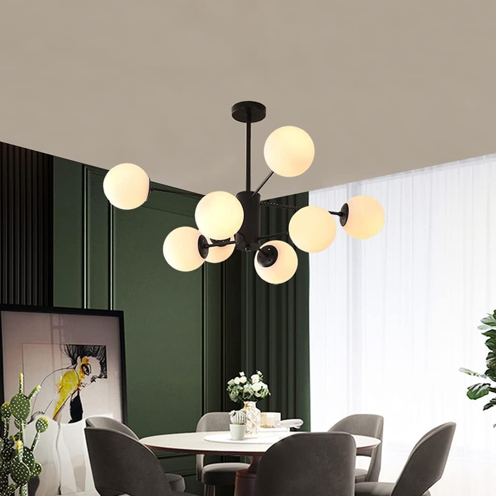 E27 Pendant Light Modern Pendant Lamp Creative Decoration Living Room Chandelier Wrought Iron Hanging Lamp Glass Ball Ceiling Lamp, Black, 8 Heads