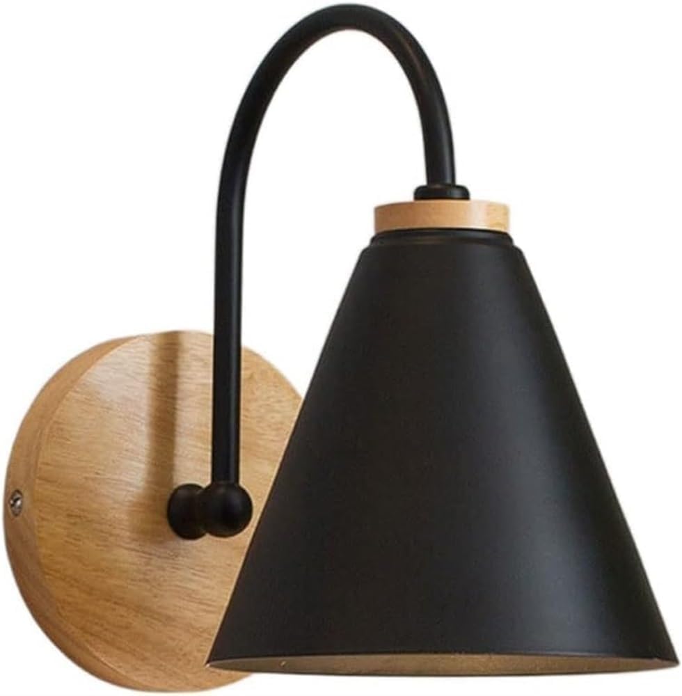 Nordic Wall Sconce Solid Wood Wrought Iron Wall Lamp Modern Japanese Style E26/E27 Base Bedside Wall Mount Light Fixture for Bedroom Living Room Apartment Homestay Black(Black)