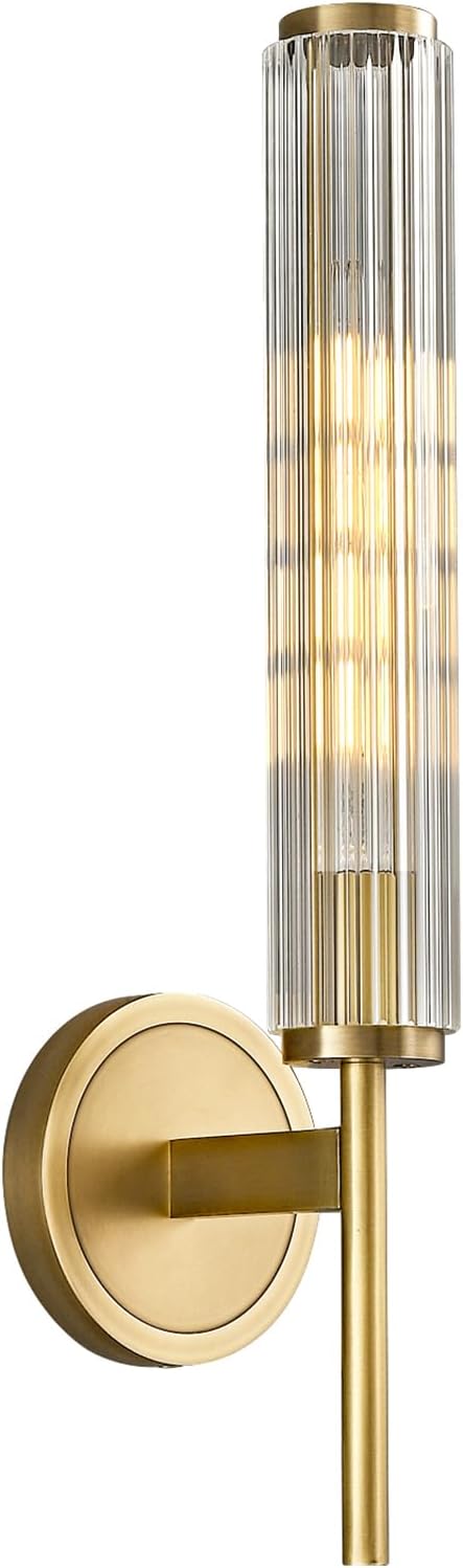 18.9' Solid Brass Wall Sconce with Ribbed Groove Glass Tube - Gold Wall lamp Includes Bulbs - Modern Brushed Copper Wall Sconces for Bathroom, Living Room, Hallway, Staircase, Mirror