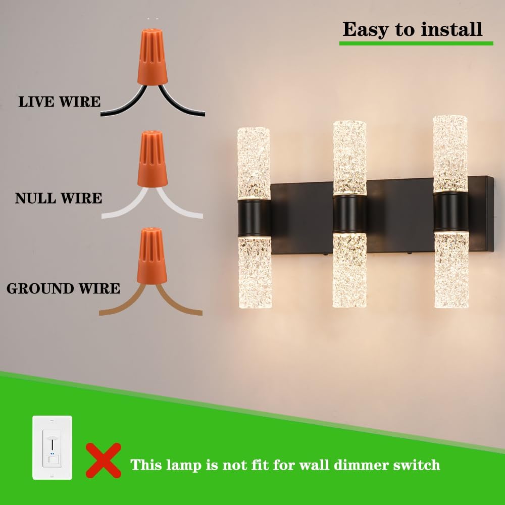 Modern Vanity Light, 6-light Black LED Vanity Light Fixture, Crystal Bathroom Lighting Fixtures over Mirror, Wall Lighting Fixtures for Bath, Wall Sconce for Bedroom Living Room, 27W Warm White