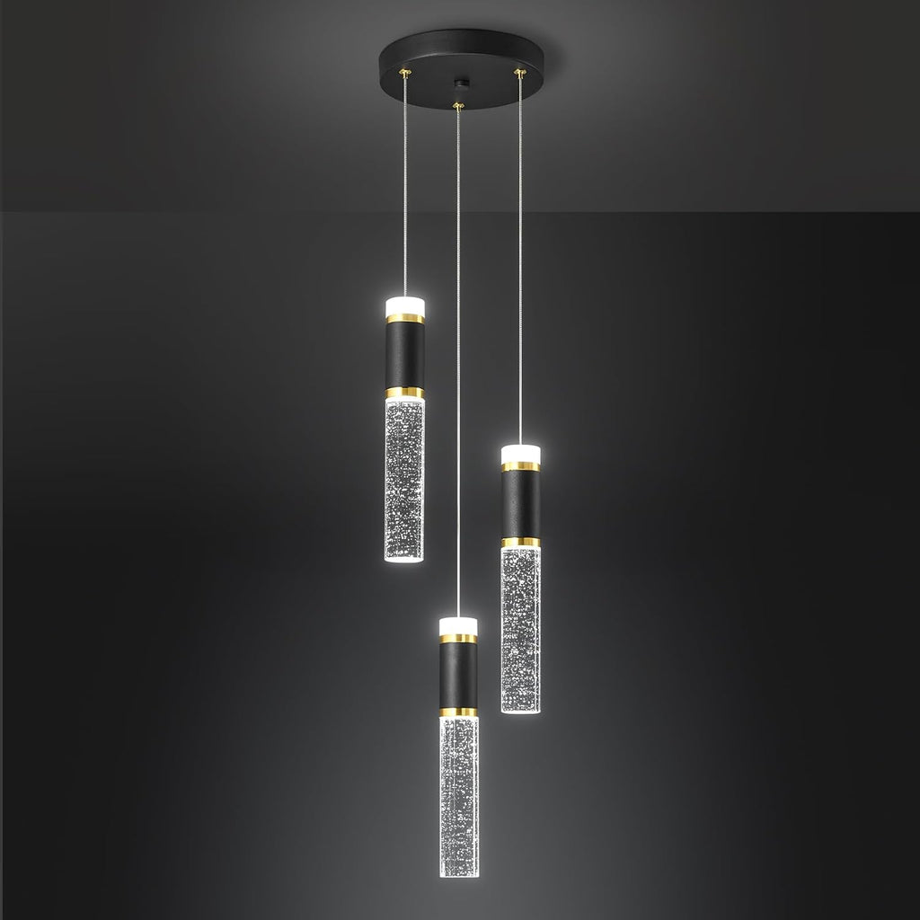 3-Light Pendant Lights Kitchen Island, Dimmable LED Pendant Light Fixtures, Black Gold Pendant Light Modern with Bubble Crystal Pendant Light, Pendant Lighting for Kitchen Island Dining Room