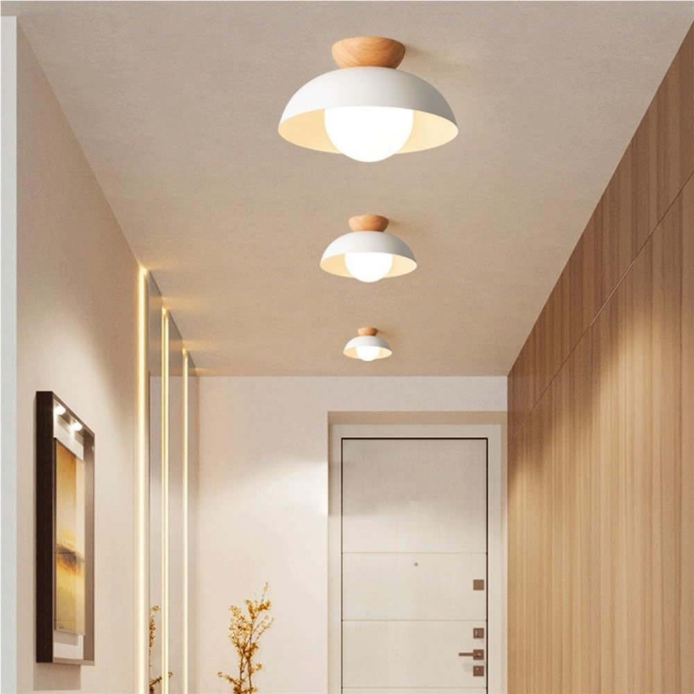 Minimalist Wood Grain Ceiling Lamp Nordic Wrought Iron Ceiling Light Mid Century Semi Recessed Ceiling Light Fixture for Cloakroom Kitchen Bedroom Entryway(White)
