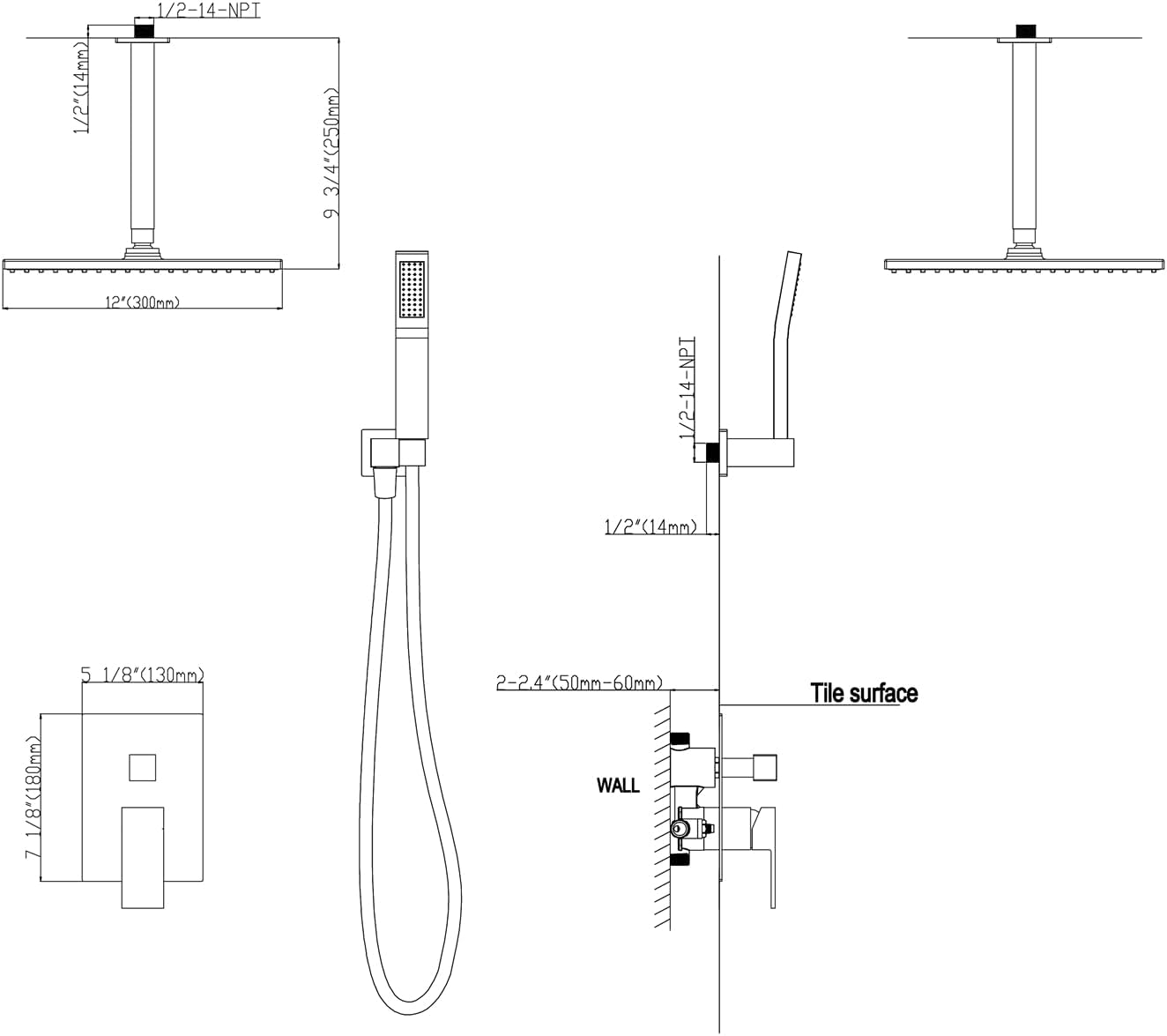 WELLFOR 12' Ceiling Mount Matte Black Shower System with 2-way Diverter, Built-In Shower Faucet System, Shower Faucet Kit, Ceiling Rainfall Shower Head Faucet Trim Kits with Rough-in Valve and Trim