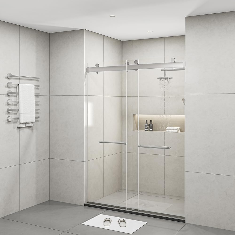 Favfurish Frameless Shower Door 60'x76'-3/8'(10mm) Tempered Glass Double Sliding Bathroom Door,Brushed Nickel Stainless Steel,Soft Closing Design (SGCC Certified)