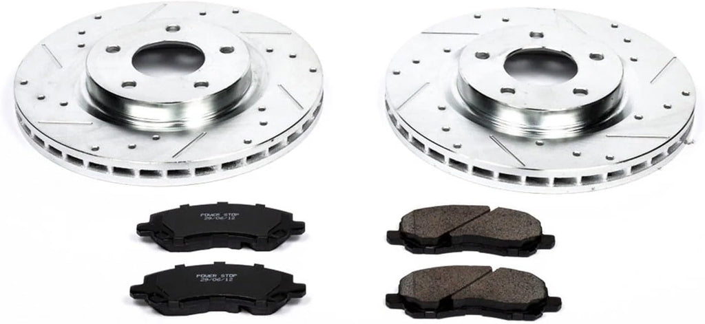 PowerStop Front Brake Kit for Chrysler 200 2011-14 |Sebring 2007-10 |Dodge Avenger 2008-14 |Caliber 2007-12 - Drilled and Slotted Disc Rotors with Carbon-Fiber Ceramic Brake Pads Replacement, K3032