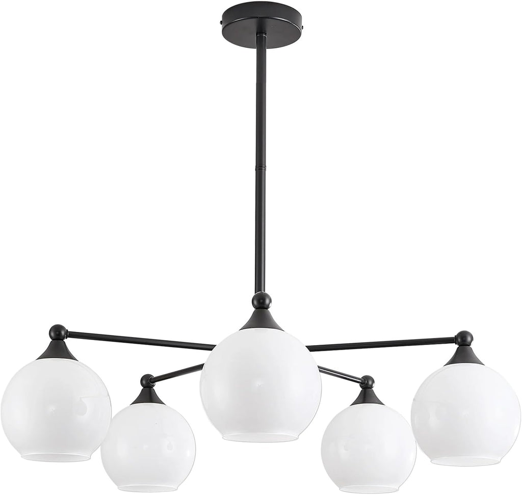 GlowHub Modern Black Chandelier with Milk White Glass Shades 30' Globe Pendant Light Fixture 5 Lights Mid Century Sputnik Chandelier for Dining Room Bedroom Entryway