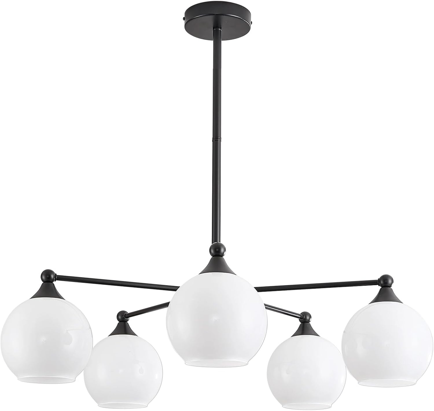 GlowHub Modern Black Chandelier with Milk White Glass Shades 30' Globe Pendant Light Fixture 5 Lights Mid Century Sputnik Chandelier for Dining Room Bedroom Entryway