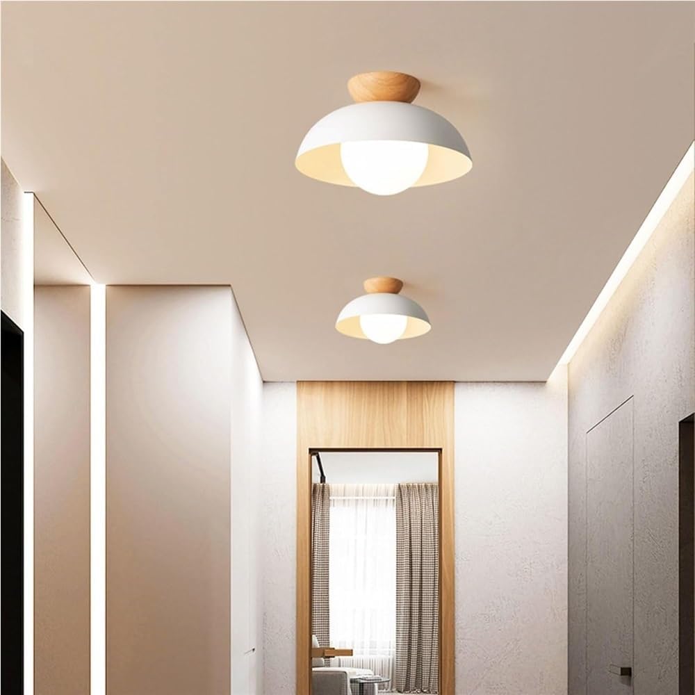 Nordic Minimalist Ceiling Light Wrought Iron Wood Semi Recessed Modern Flush Mount Lamp Space Saving Lighting Fixture for Bedroom Aisle Entrance Kitchen Cloakroom(White)