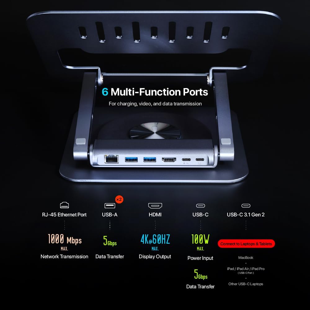 ADAM elements Hub Stand Pro 6-in-1 USB-C Laptop Docking Station, Foldable Laptop Stand with 4K HDMI, 100W PD & USB 3.0 for MacBook Pro/Air M4-M1, iPad & USB-C Laptops
