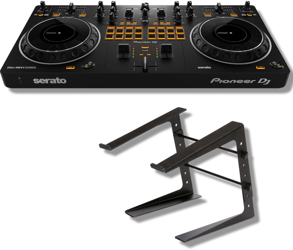 Pioneer DDJ-REV1 DJ Controller Bundle with Adjustable Laptop Stand for DJ's and StreamEye Polishing Cloth