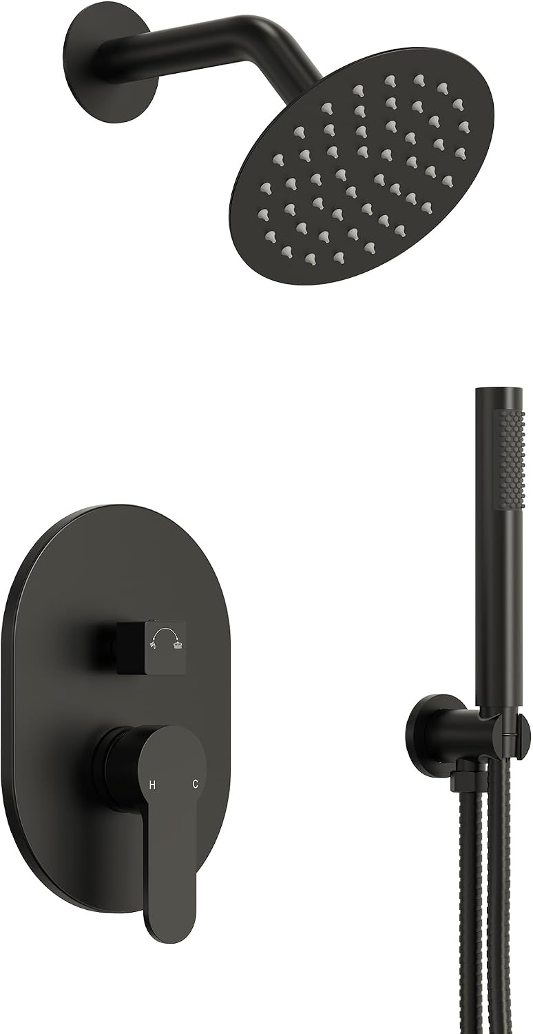 6' High-Pressure Shower System with Handheld Spray, Wall Mount Round Bathroom Shower Faucet Set with Valve (Matte Black)