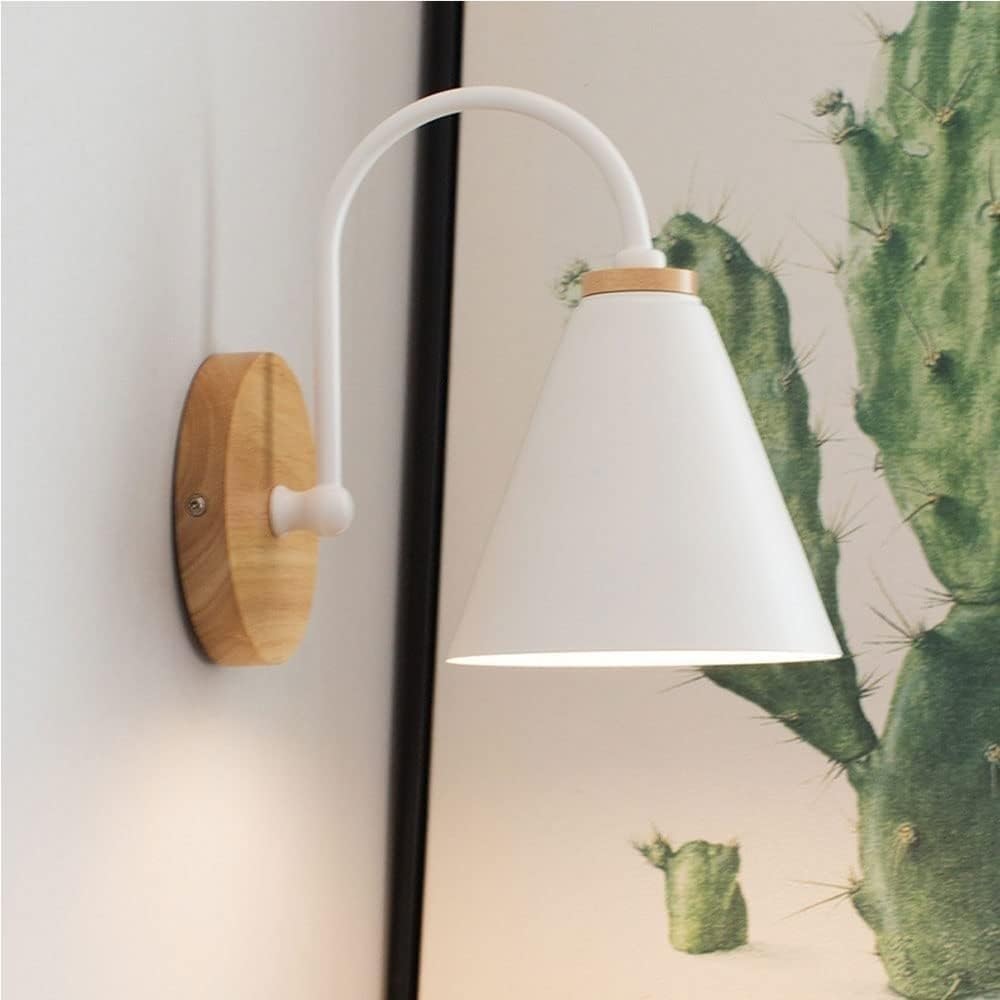 Nordic Wall Sconce Solid Wood Wrought Iron Wall Lamp Modern Japanese Style E26/E27 Base Bedside Wall Mount Light Fixture for Bedroom Living Room Apartment Homestay Black(White)