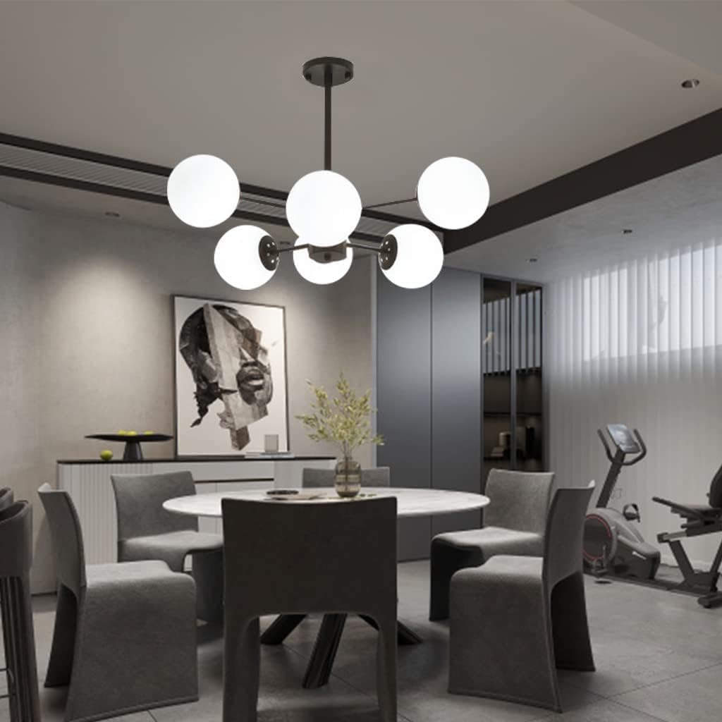 E27 Pendant Light Modern Pendant Lamp Creative Decoration Living Room Chandelier Wrought Iron Hanging Lamp Glass Ball Ceiling Lamp, Black, 6 Heads