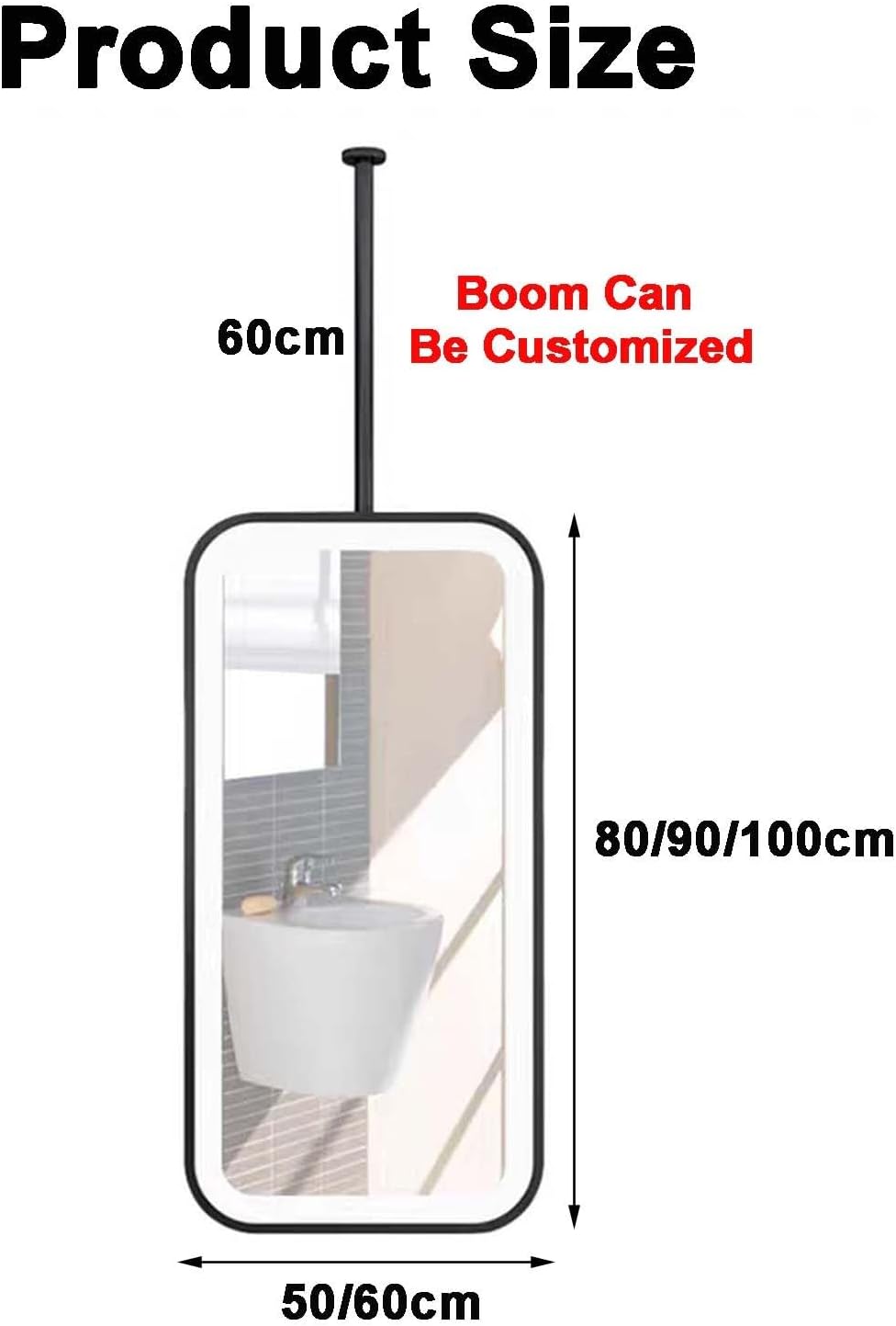 Ceiling Hanging Rod Mirror,Square Luminous Wall-Mounted Mirror,Wrought Iron Frame Decorative Mirror,for Hotel Bathroom Bedroom,Black-50x100cm,Black-50x100cm