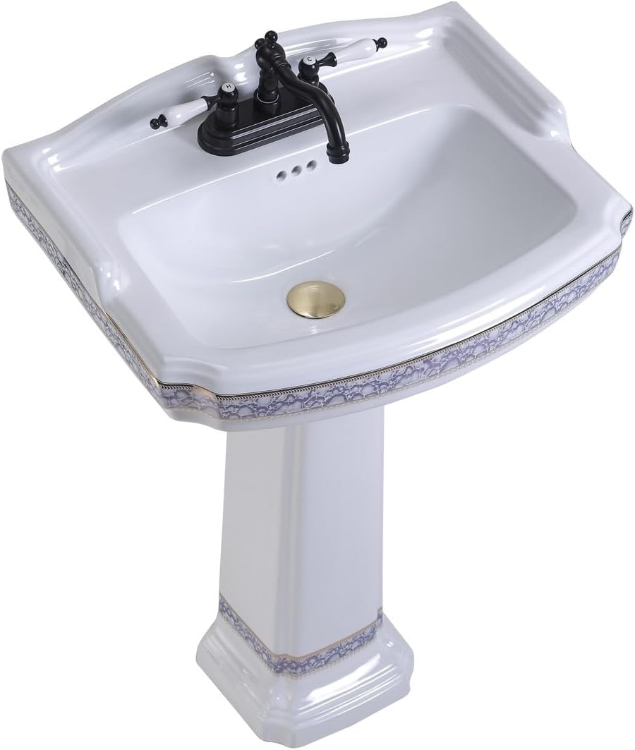 Renovators Supply Manufacturing India Reserve 23' W x 34.25' H x 18.5' Proj. Ornate Blue Gold Bathroom Pedestal Sink, Vitreous China, Compatible with 4 in. Centerset Faucets