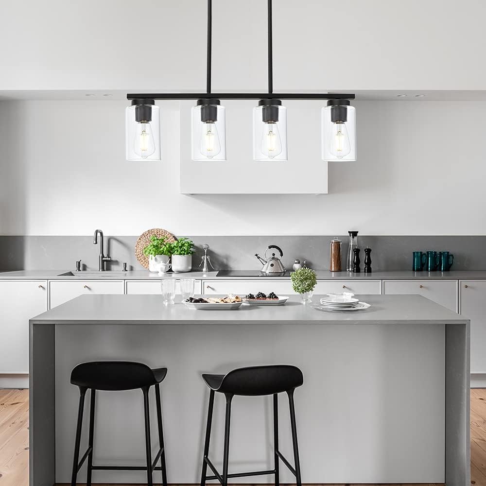 TODOLUZ Black Pendant Light Fixtures with Clear Glass Shades, 4-Lights Linar Kitchen Island Light for Farmhouse Dining Room Kitchen Pool Table