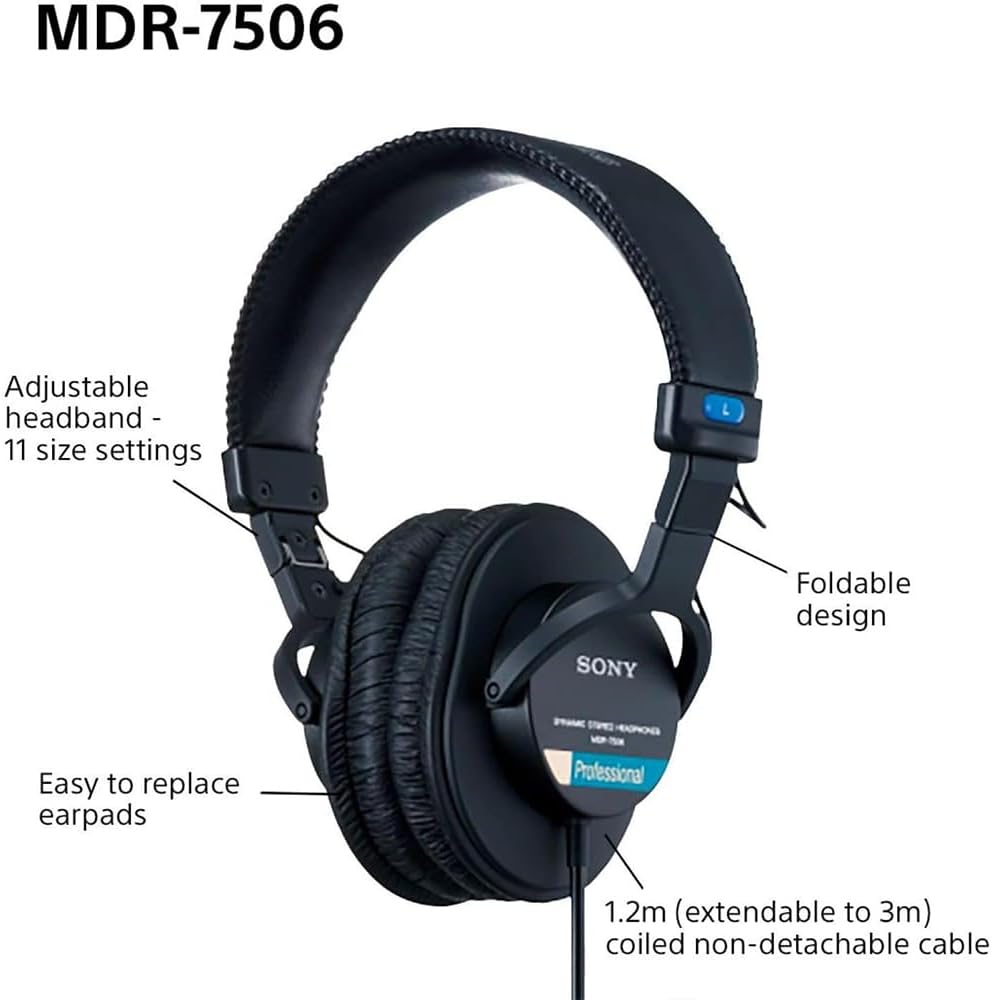 Sony MDR7506 Professional Large Diaphragm Headphones Bundle with Headphone Case Black