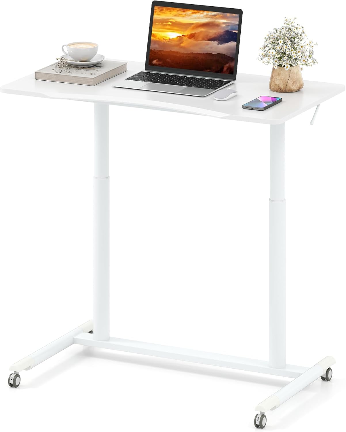Tangkula Mobile Standing Desk, C-Shaped Sit Stand Desk with Adjustable Height, Lockable Wheels & Metal Frame, Rolling Laptop Desk, Portable Computer Workstation for Small Space