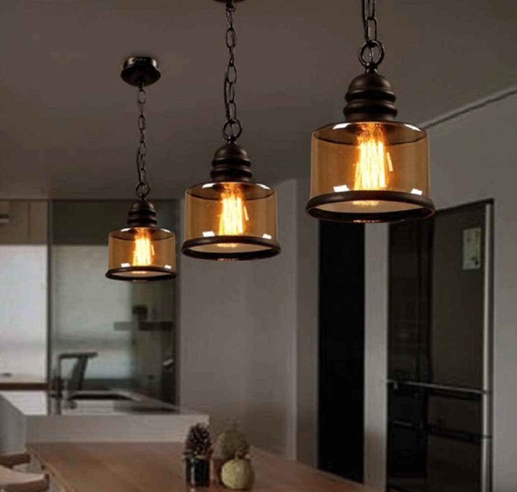 Chandelier Light Vintage Amber Glass Pendant Light Industrial Wrought Iron Hanging Lamp Mini Modern Black Adjustable Ceiling Chandelier Lights Fixture for Kitchen Island Farmhouse Loft Bar Hallway Han