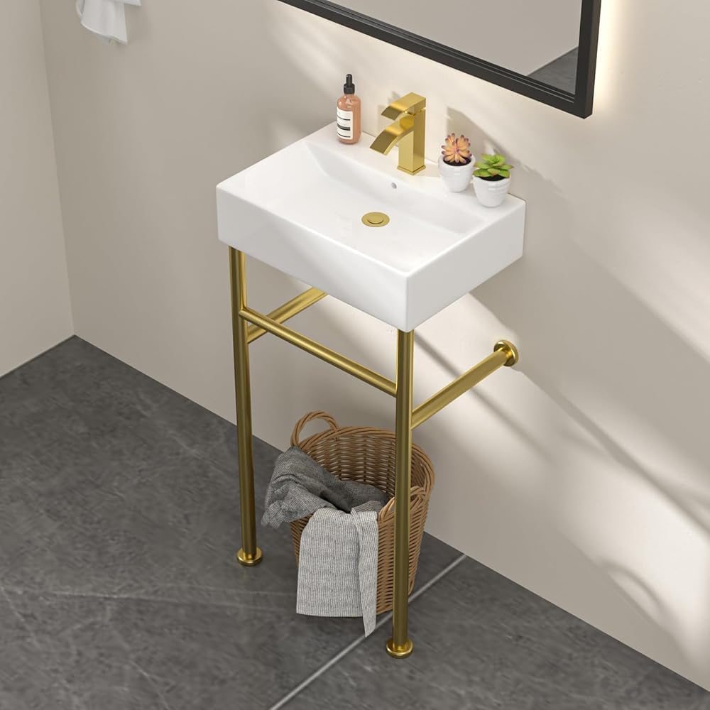 24''x16'' Modern Console Bathroom Sink with Gold Stainless Steel Pedestal Legs, Freestanding & Wall Mount Vessel Vanity Basin, Rectangular Ceramic Sink for Small Space, Brushed Gold