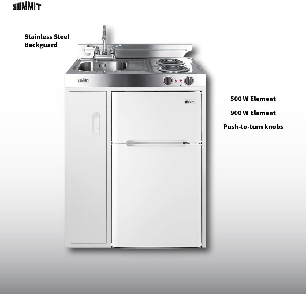 Summit 30' Wide All-In-One Kitchenette, 2-Door Refrigerator-Freezer, 2-Burner Cooktop, Sink, and Storage, White- C30EL
