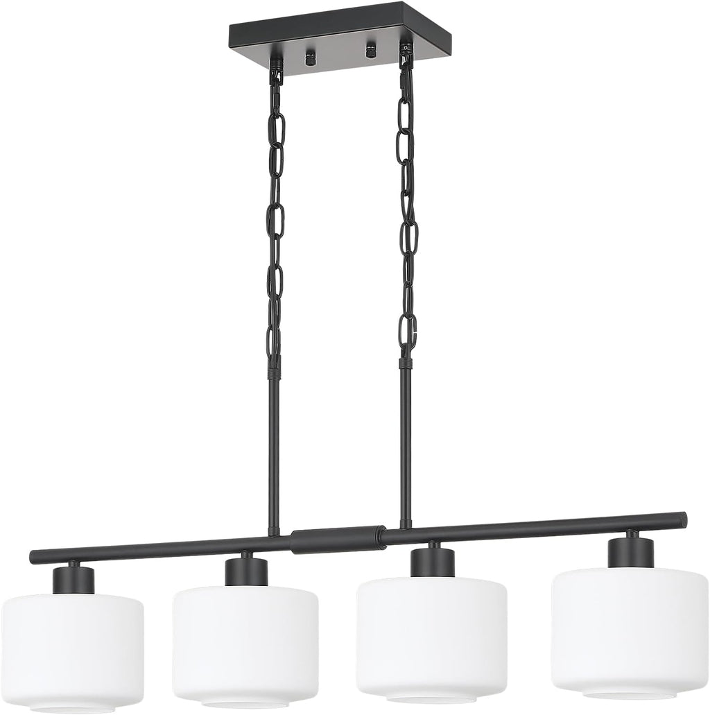 4-Light Kitchen Island Lighting, Modern Black Linear Dining Room Chandelier Light Fixtures with Milk Glass and Chain, Farmhouse Hanging Lights for Kitchen Island Dining Room, OS-YQ8153-4ISBKW