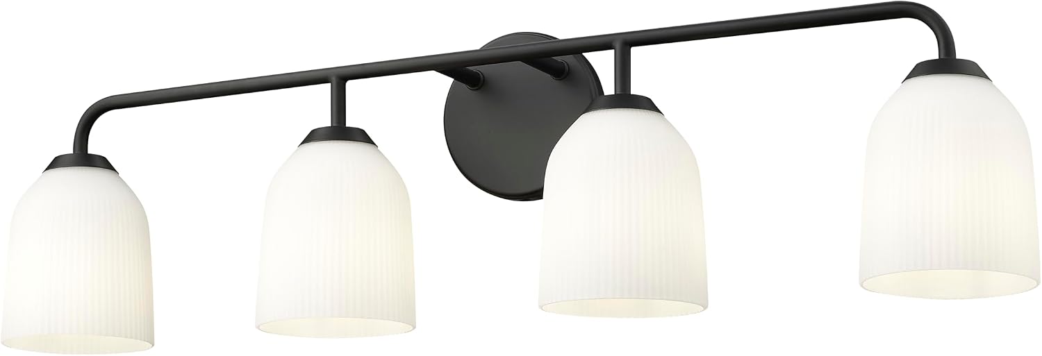 ML Lighting | Norah Collection | 22304-MB | Indoor 4 Light Vanity in Matte Black with Opal Ribbed Glass Shade | Elegant and Versatile Design for Any Bathroom