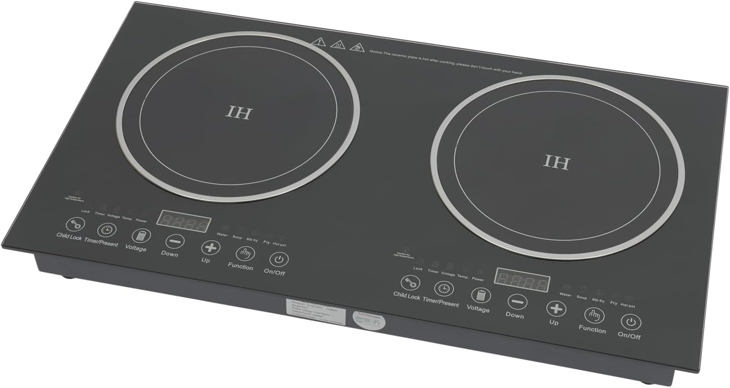 Induction Cooktop 2 Stoves, 110V 1200W+1200W, 8 Gears Firepower Regulation, Tabletop Stove Top with LED Display and Adjustable Temperature, Electric Hot Plate Crystal Cooktop for Kitchens
