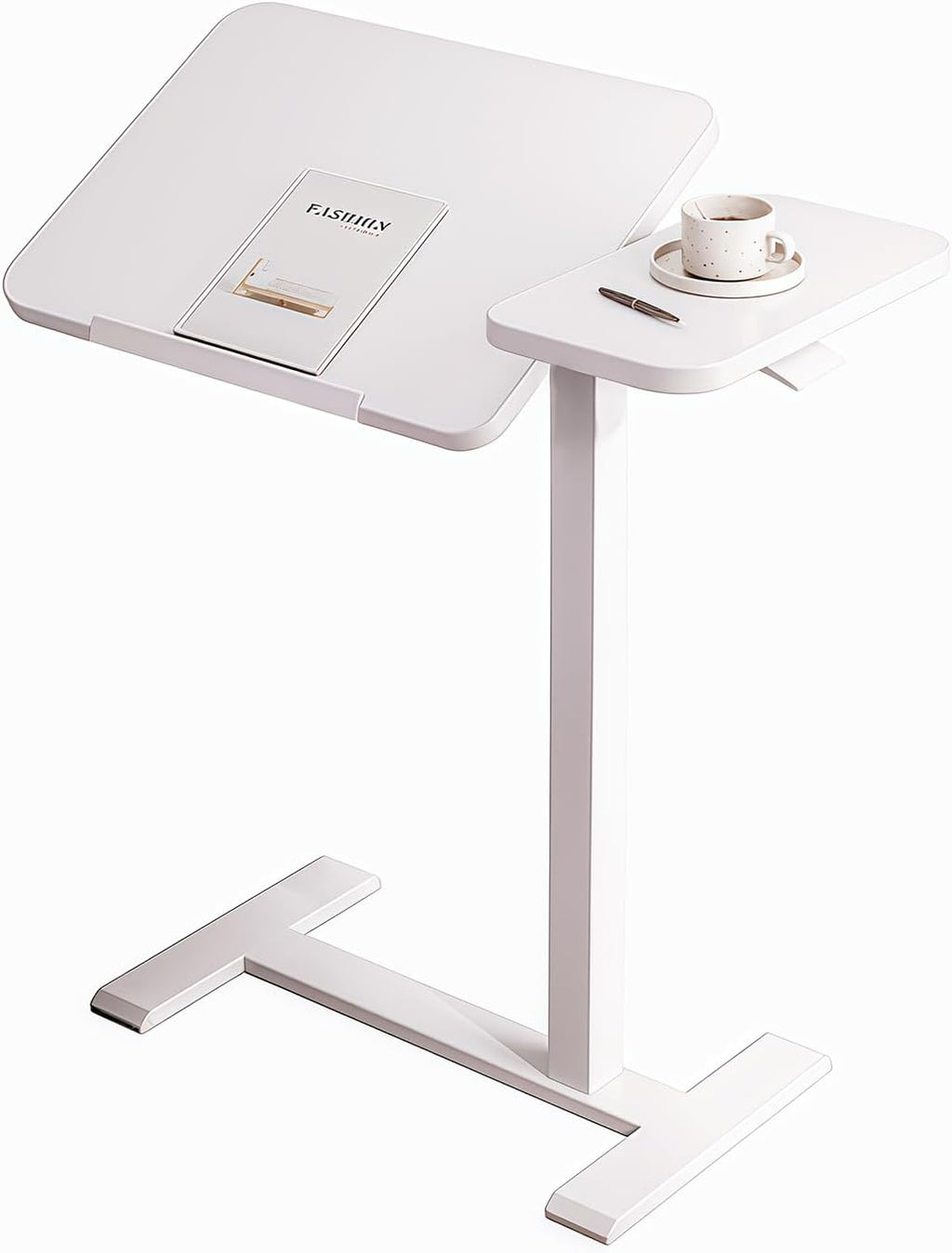 Upgraded Overbed Bedside Desk with Hidden Wheels, Height Adjustable Rolling Laptop Stand with Extended Front Stopper, Tilting Over Bed Table for Bed Sofa, White