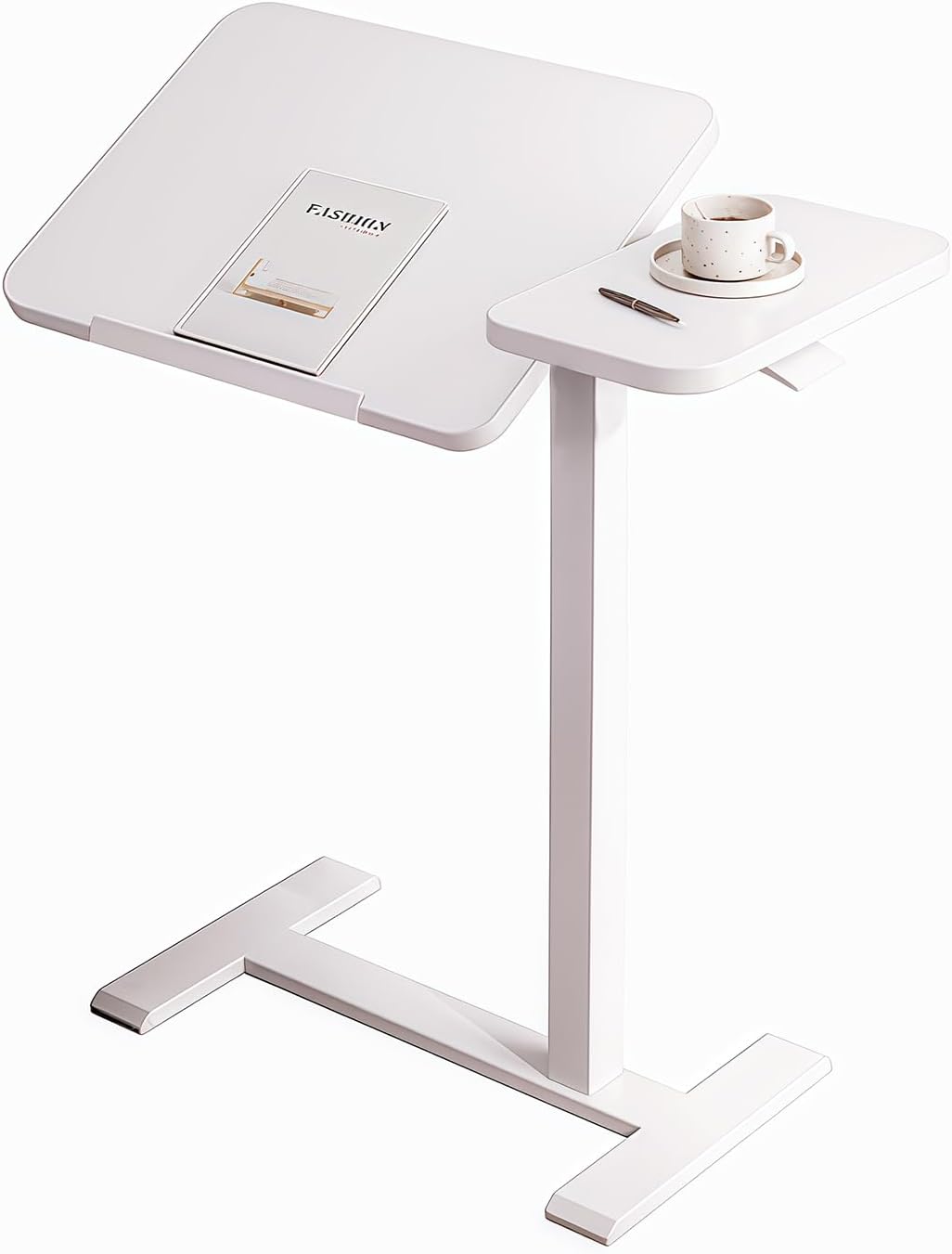 Upgraded Overbed Bedside Desk with Hidden Wheels, Height Adjustable Rolling Laptop Stand with Extended Front Stopper, Tilting Over Bed Table for Bed Sofa, White