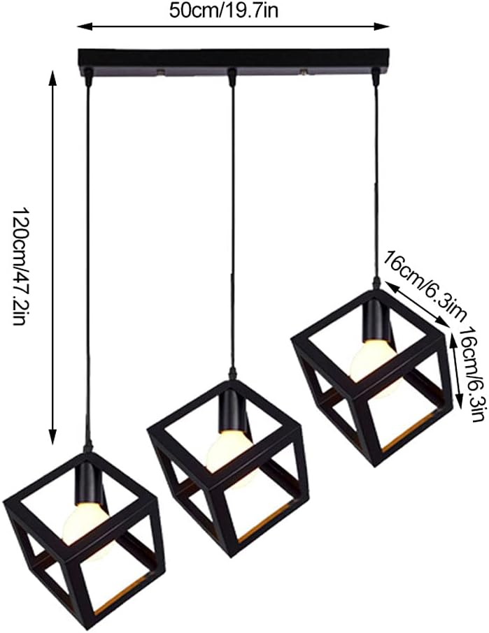 Industrial Pendant Light 3-Light/Retro Hang Lights/E27/Adjustable Chandelier/Square Indoor Light Fixture/Wrought Iron/Cafe/Bar Counter/Kitchen/Black
