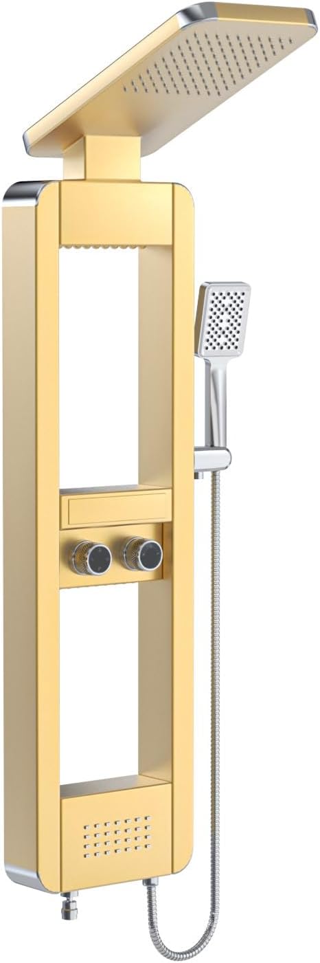 ELLO&ALLO Shower Panel Tower System with Shelf, Rainfall Shower Head and Rain Massage System with Body Jets, Stainless Steel Bathroom Fixtures, Brushed Gold&Chrome