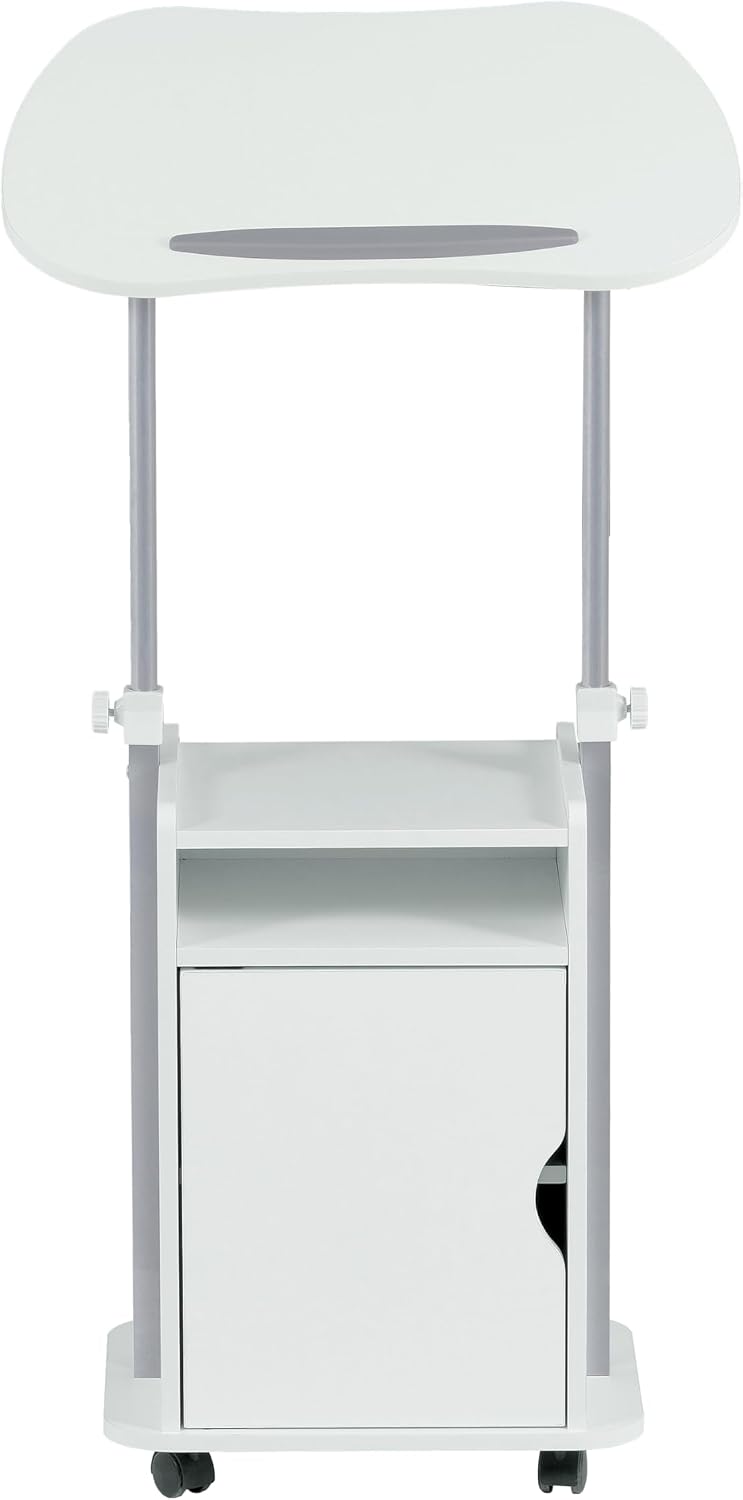Techni Mobili Adjustable Laptop Cart with Storage, Rolling Mobile Workstation Desk with Cabinet, Shelf & Locking Wheels. Height Adjustable Sit to Stand for Home Office, Bedside, or Classroom (White)