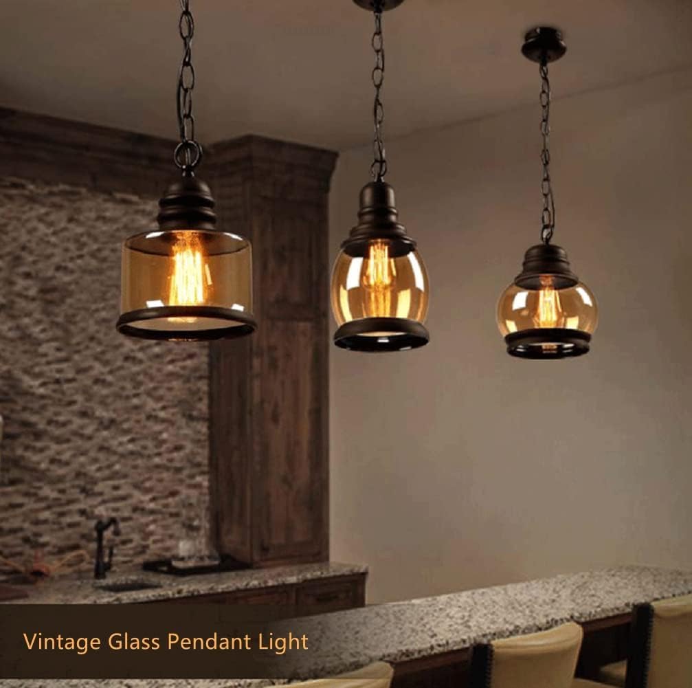Chandelier Light Vintage Amber Glass Pendant Light Industrial Wrought Iron Hanging Lamp Mini Modern Black Adjustable Ceiling Chandelier Lights Fixture for Kitchen Island Farmhouse Loft Bar Hallway Han