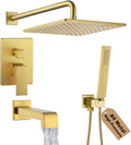 Shower Tub Faucet Set Brushed Gold Bathroom Rain Shower System with Tub Spout Wall Mounted Rainfall 10 Inch Thickened Shower Head and Handle Set Include Shower Valve and Trim Kit