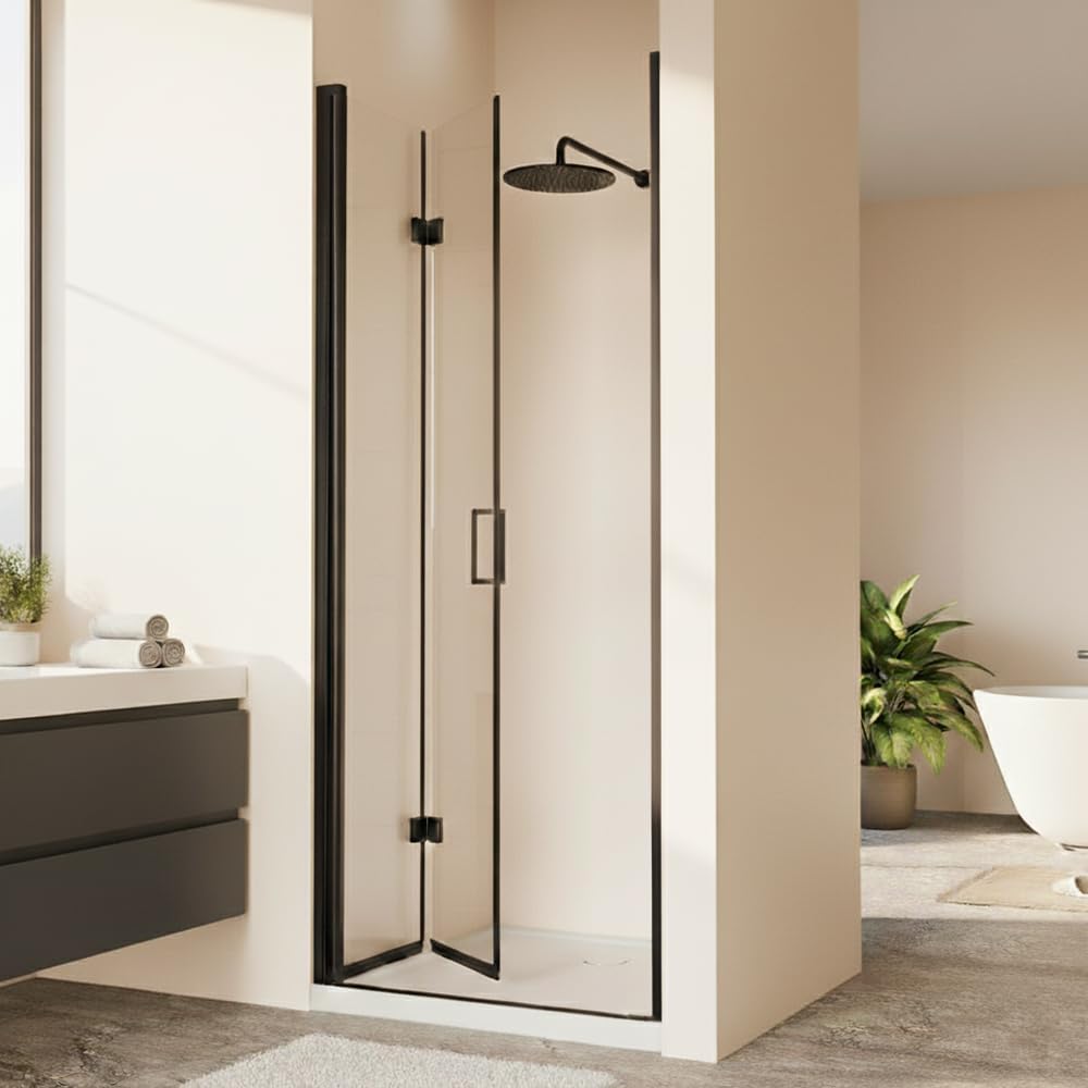 30' Pivot Shower Door Semi-Frameless Swing & Hinged Bi-Folding Tempered Glass Shower Cubicle for Bathroom,Black