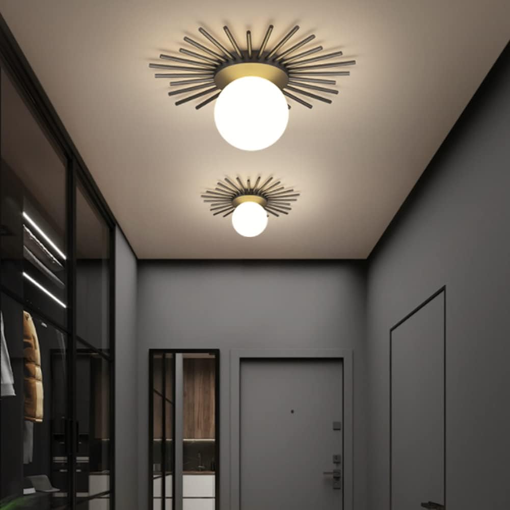 Nordic Round Ceiling Lights Creative Gold LED Flush Mount Lighting Fixture Sun Flower Shape Acrylic Lampshade Wrought Iron Chandelier for Living Room Bedroom Entrance Porch Kitchen (Black,35CM)
