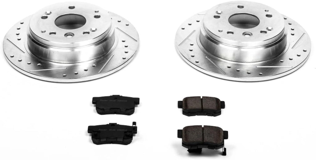 PowerStop Rear Brake Kit for Acura TL 2004-08 | Honda Element 2003-11 - Drilled and Slotted Disc Rotors with Carbon-Fiber Ceramic Brake Pads Replacement, K5399