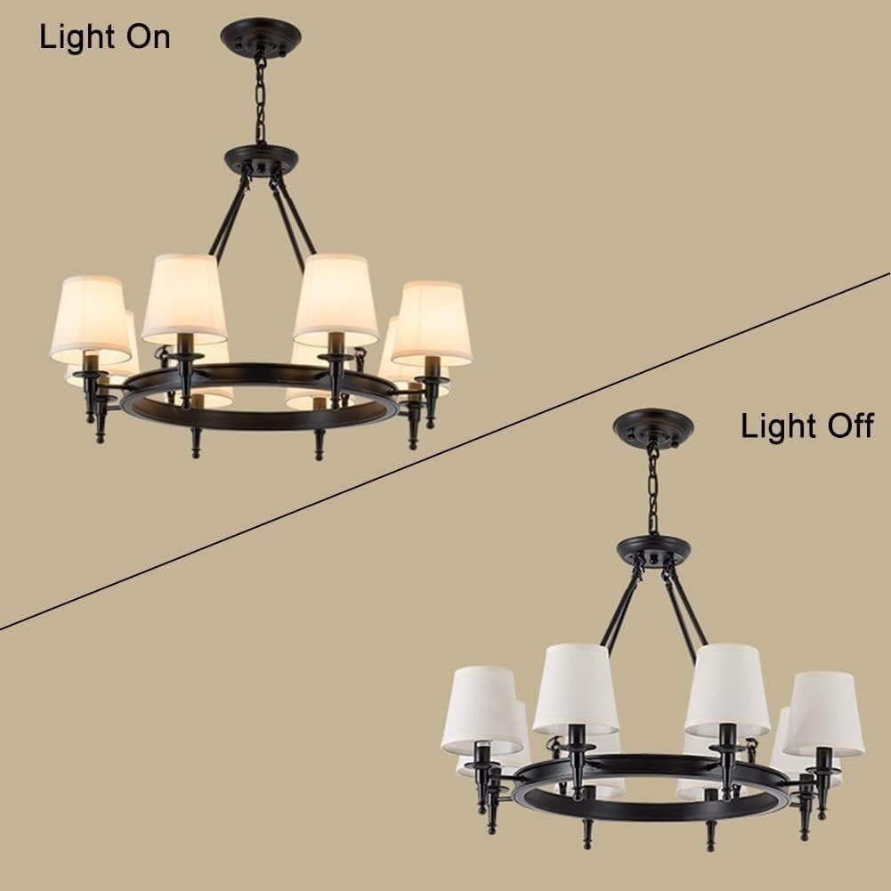 Modern Black Antique Wrought Iron Chandelier White Linen Shades Chain Hanging Lamp,Chandelier LED Ceiling Light